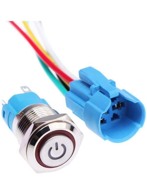 Выключатель, 12 В, 3 А, 5 pin, IP67, d 16мм, провод 15 см, красный