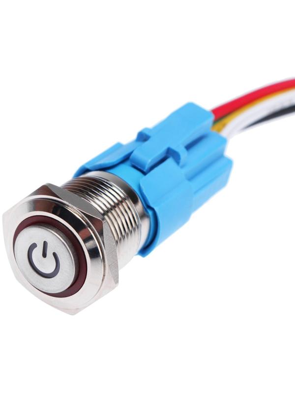 Выключатель, 12 В, 3 А, 5 pin, IP67, d 16мм, провод 15 см, красный