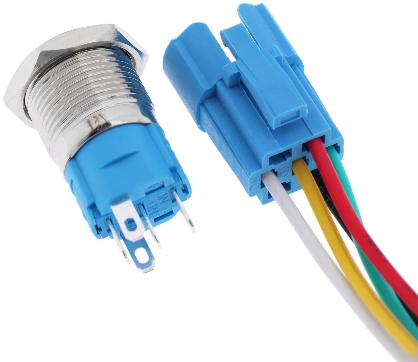 Выключатель, 12 В, 3 А, 5 pin, IP67, d 16мм, провод 15 см, желтый