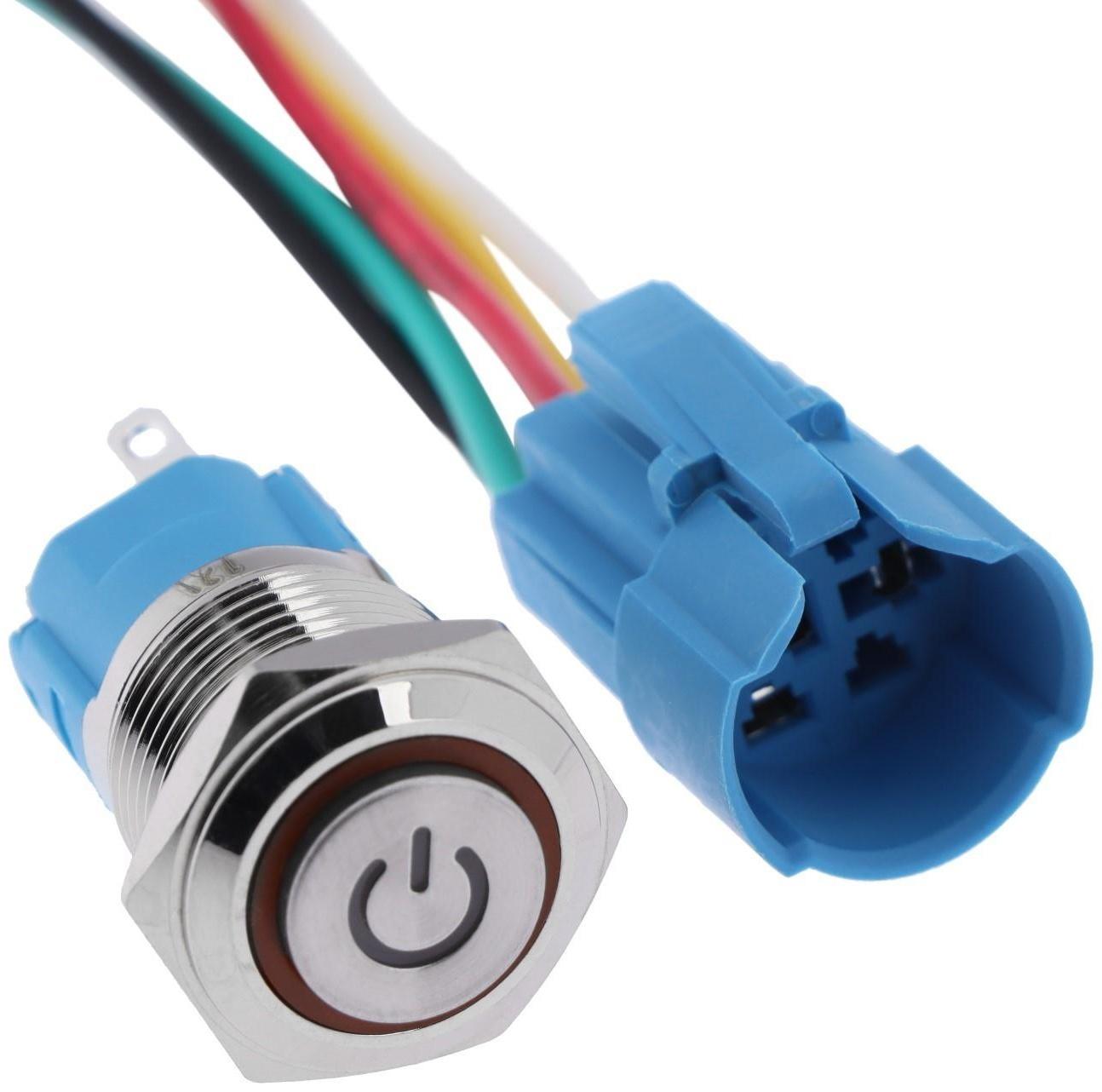 Выключатель, 12 В, 3 А, 5 pin, IP67, d 16мм, провод 15 см, желтый