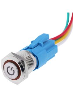 Выключатель, 12 В, 3 А, 5 pin, IP67, d 16мм, провод 15 см, желтый