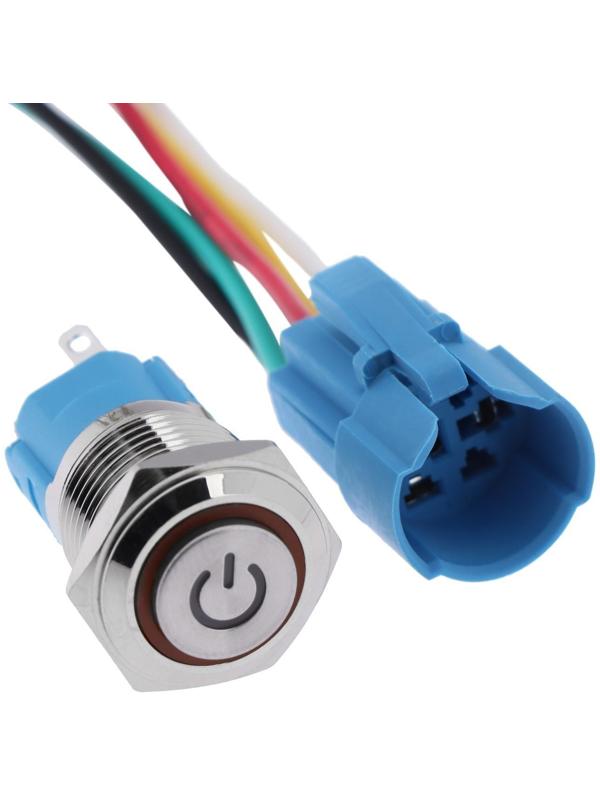 Выключатель, 12 В, 3 А, 5 pin, IP67, d 16мм, провод 15 см, желтый