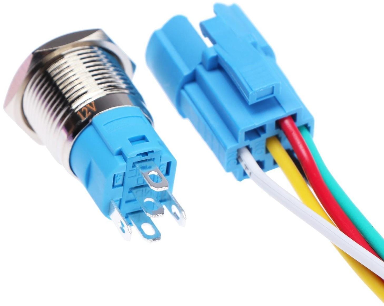 Выключатель, 12 В, 3 А, 5 pin, IP67, d 16мм, провод 15 см, синий