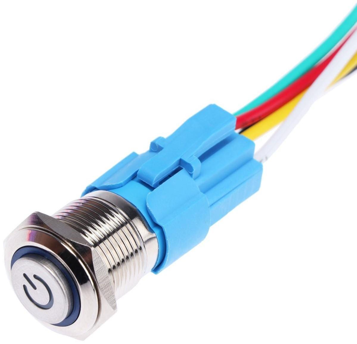 Выключатель, 12 В, 3 А, 5 pin, IP67, d 16мм, провод 15 см, синий