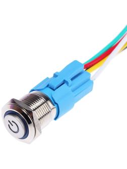 Выключатель, 12 В, 3 А, 5 pin, IP67, d 16мм, провод 15 см, синий