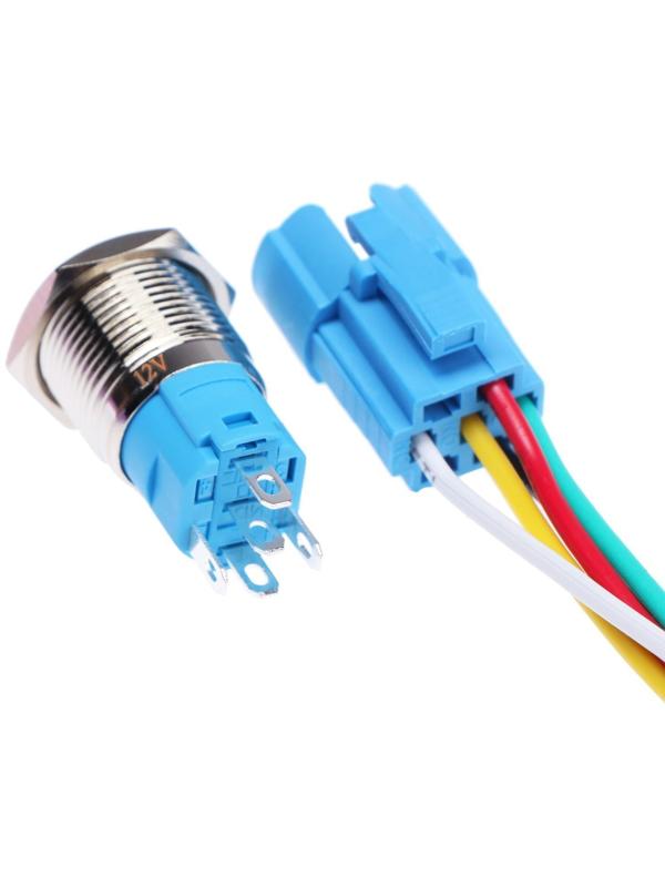 Выключатель, 12 В, 3 А, 5 pin, IP67, d 16мм, провод 15 см, синий