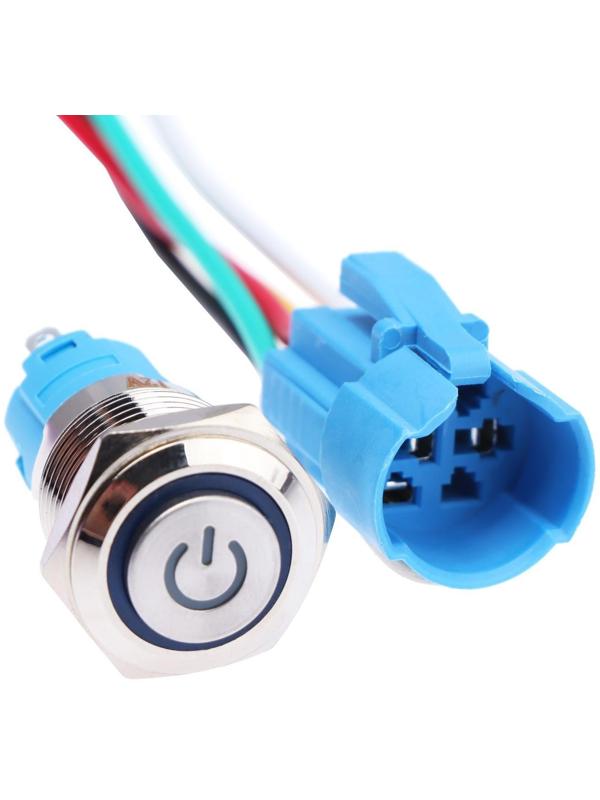 Выключатель, 12 В, 3 А, 5 pin, IP67, d 16мм, провод 15 см, синий