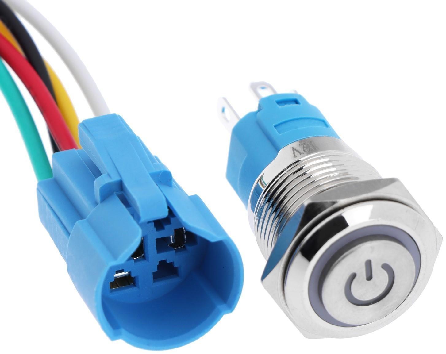 Выключатель, 12 В, 3 А, 5 pin, IP67, d 16мм, провод 15 см, белый