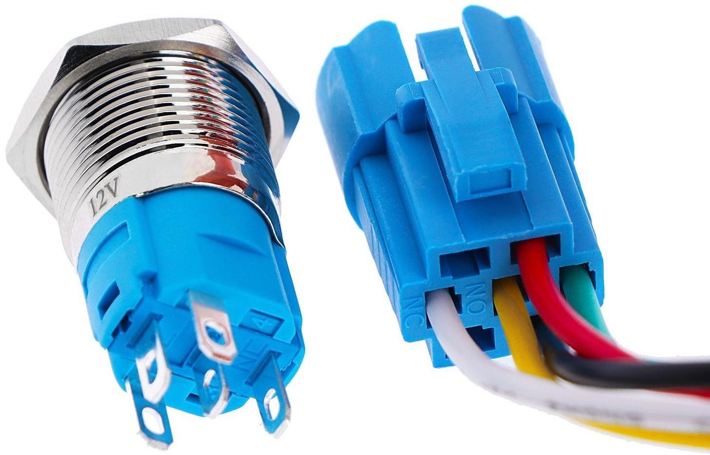 Выключатель, 12 В, 3 А, 5 pin, IP67, d 16мм, провод 15 см, белый