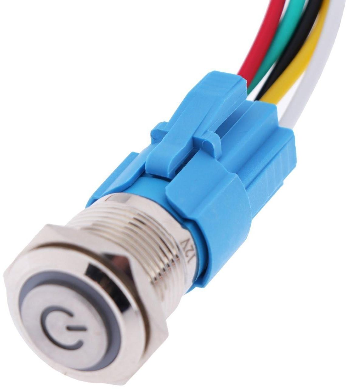 Выключатель, 12 В, 3 А, 5 pin, IP67, d 16мм, провод 15 см, белый