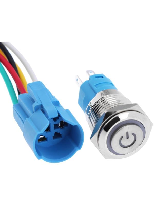 Выключатель, 12 В, 3 А, 5 pin, IP67, d 16мм, провод 15 см, белый