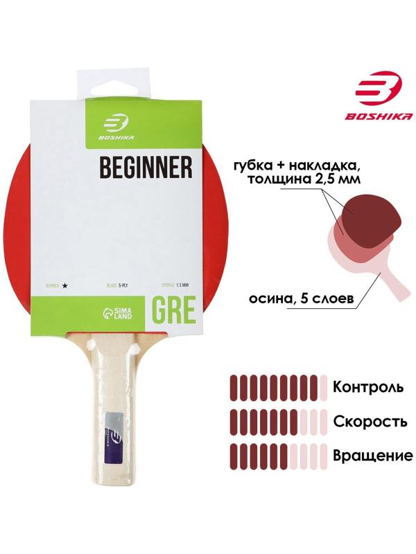 Ракетка для настольного тенниса BOSHIKA Beginner 1*, для любителей, губка 1,5 мм, прямая ручка