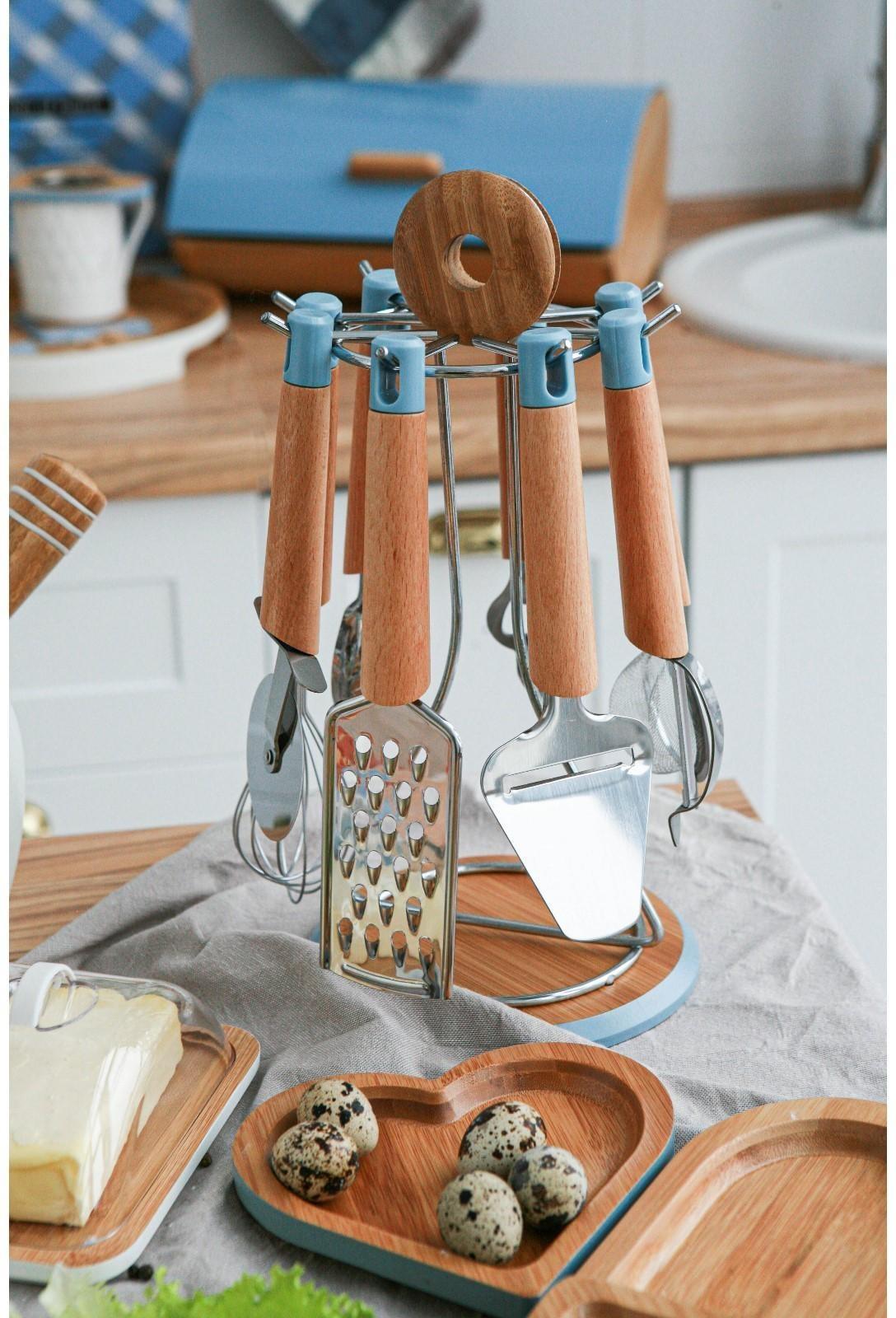 Набор кухонных инструментов Heaven, 8 предметов, на подставке, цвет бежевый, голубой