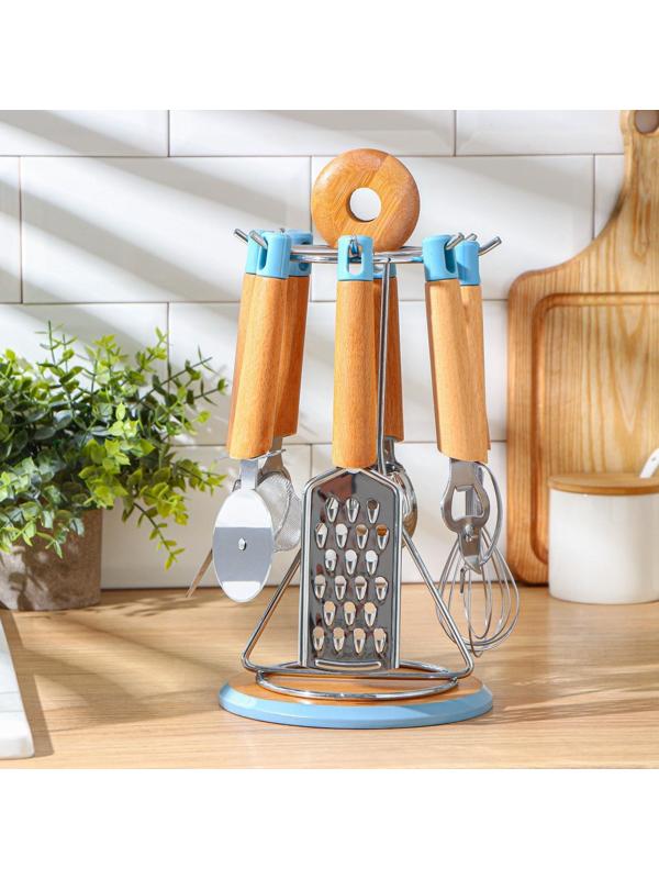 Набор кухонных инструментов Heaven, 8 предметов, на подставке, цвет бежевый, голубой
