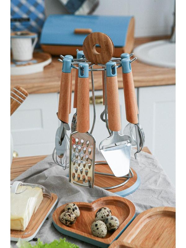 Набор кухонных инструментов Heaven, 8 предметов, на подставке, цвет бежевый, голубой