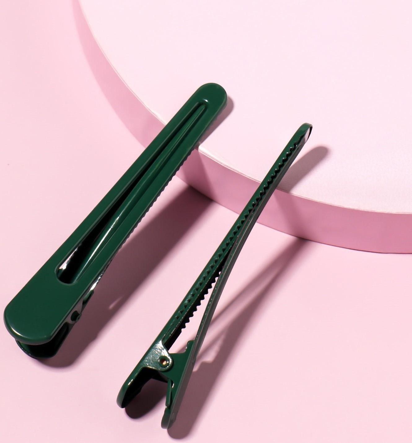 Зажимы для волос, 8 см, 2 шт, цвет тёмно-зелёный