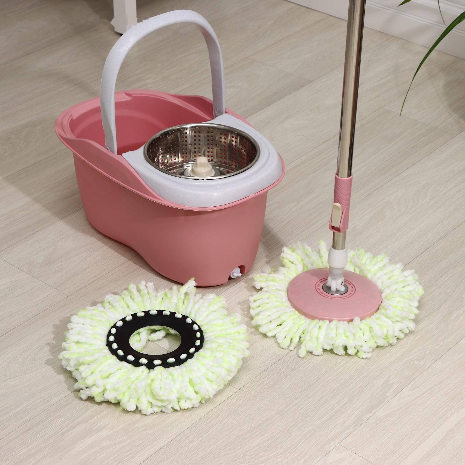 Швабра с отжимом и ведро с металлической центрифугой, 46,5×28,5×23,5 см, 10 л, телескопическая ручка 86-117,5 см, дополнительная насадка из микрофибры 15,5 см, цвет розовый