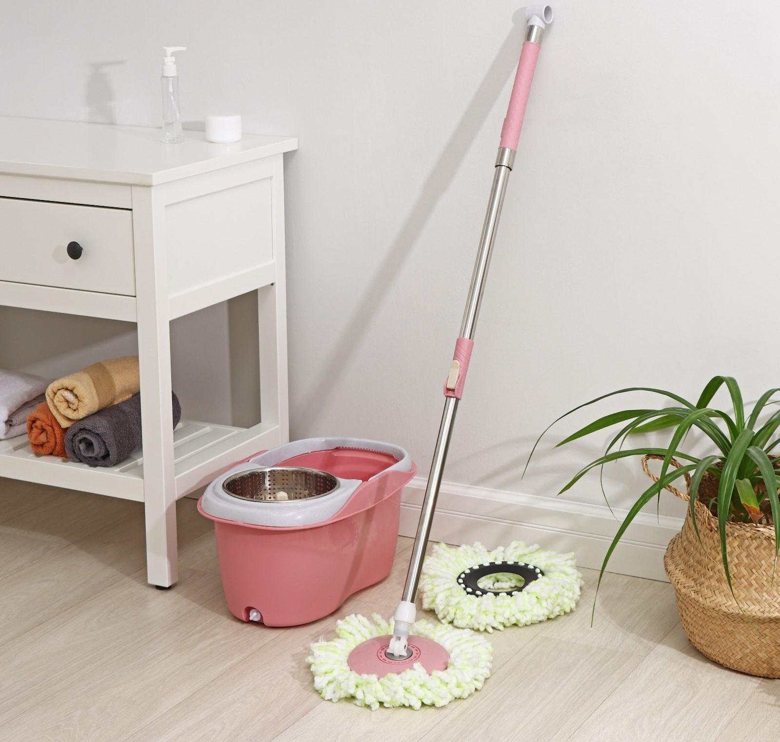 Швабра с отжимом и ведро с металлической центрифугой, 46,5×28,5×23,5 см, 10 л, телескопическая ручка 86-117,5 см, дополнительная насадка из микрофибры 15,5 см, цвет розовый