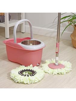 Швабра с отжимом и ведро с металлической центрифугой, 46,5×28,5×23,5 см, 10 л, телескопическая ручка 86-117,5 см, дополнительная насадка из микрофибры 15,5 см, цвет розовый