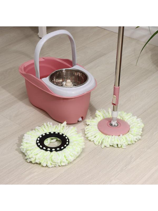 Швабра с отжимом и ведро с металлической центрифугой, 46,5×28,5×23,5 см, 10 л, телескопическая ручка 86-117,5 см, дополнительная насадка из микрофибры 15,5 см, цвет розовый