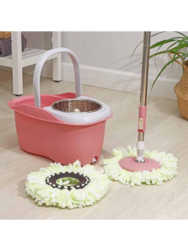 Швабра с отжимом и ведро с металлической центрифугой, 46,5×28,5×23,5 см, 10 л, телескопическая ручка 86-117,5 см, дополнительная насадка из микрофибры 15,5 см, цвет розовый
