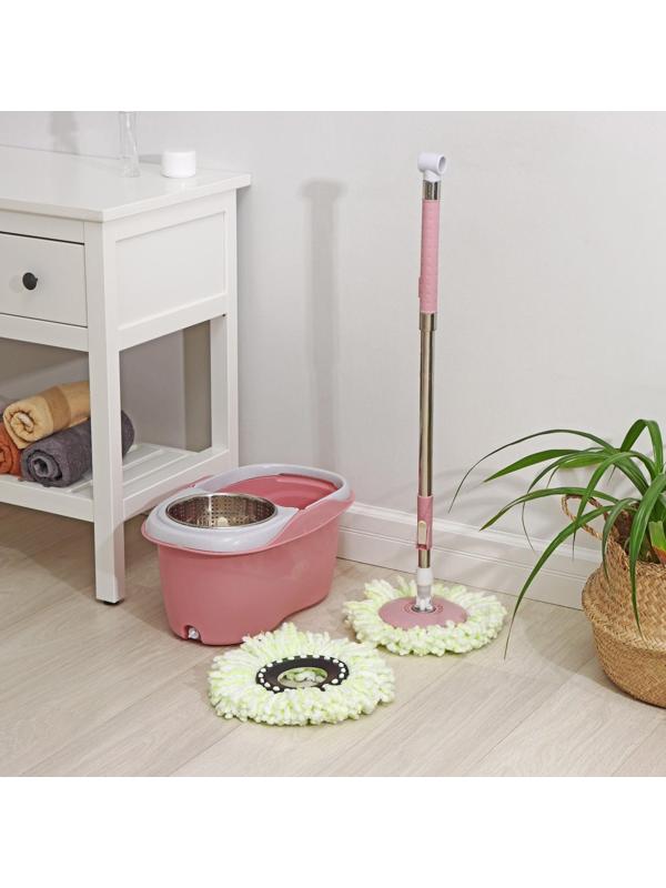 Швабра с отжимом и ведро с металлической центрифугой, 46,5×28,5×23,5 см, 10 л, телескопическая ручка 86-117,5 см, дополнительная насадка из микрофибры 15,5 см, цвет розовый