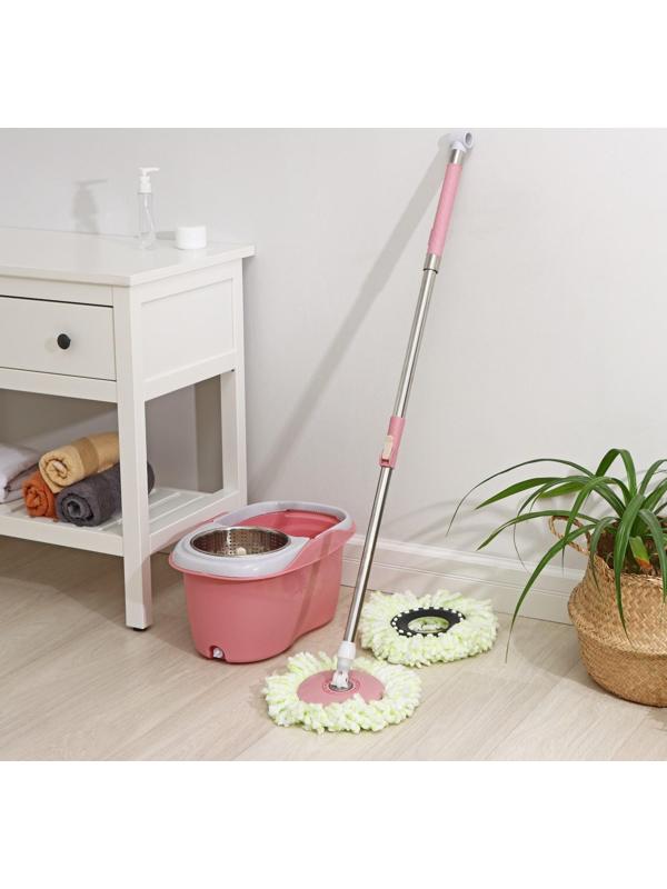 Швабра с отжимом и ведро с металлической центрифугой, 46,5×28,5×23,5 см, 10 л, телескопическая ручка 86-117,5 см, дополнительная насадка из микрофибры 15,5 см, цвет розовый