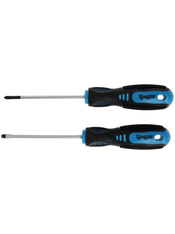 Набор отверток ТУНДРА, CrV, хром, магнит, 2К рукоятки, PH0 и SL3 х 75 мм, 2 шт.