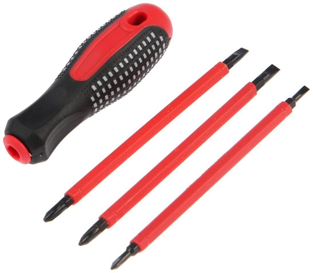 Отвертка диэлектрическая ТУНДРА, 2К рукоятка, двухсторонние биты 3 шт., до 1000 В