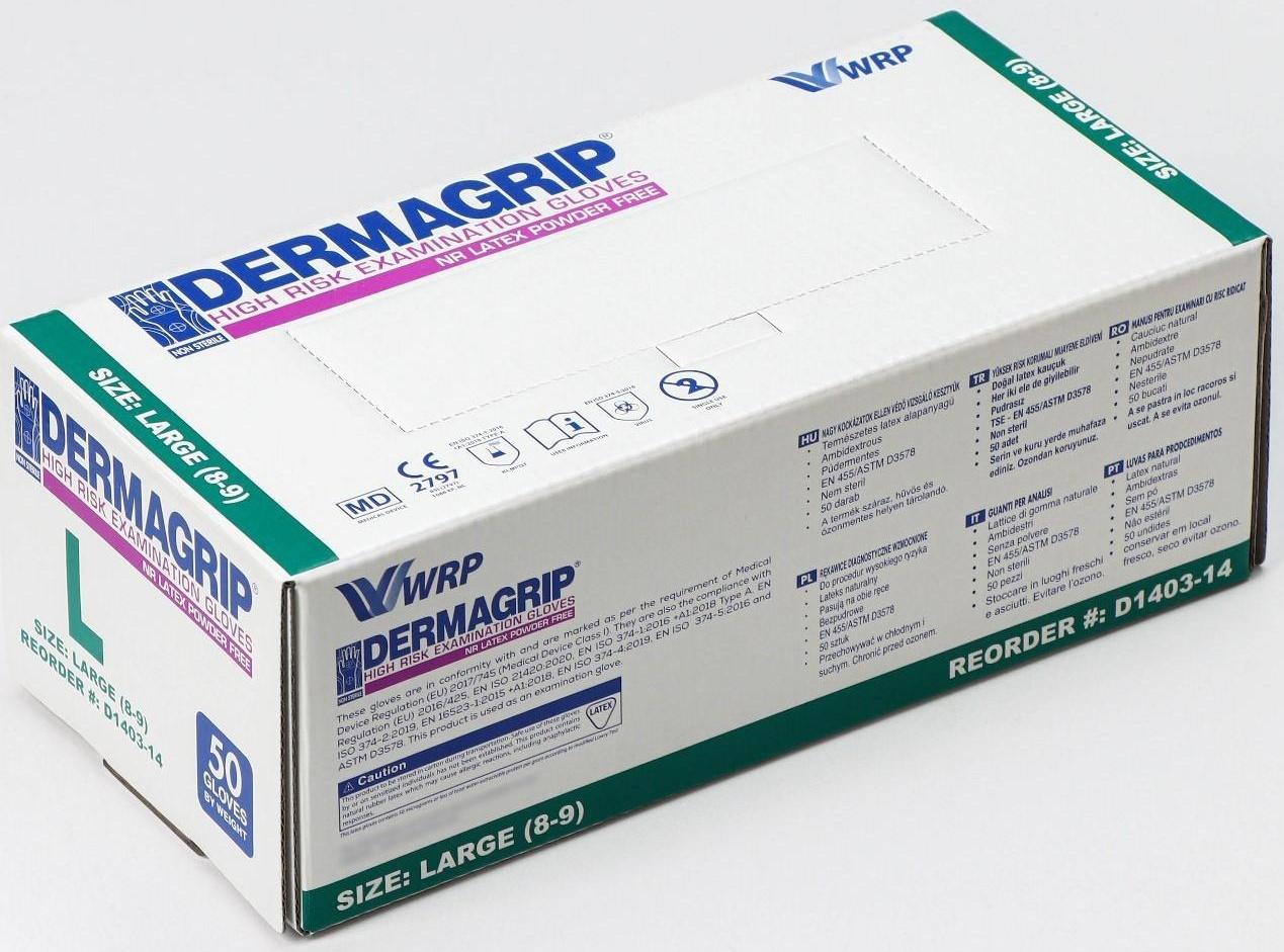Перчатки латексные неопудренные Dermagrip High Risk, смотровые, нестерильные, текстурированные, размер L, 31 гр, 50 шт/уп (25 пар) / Голубой