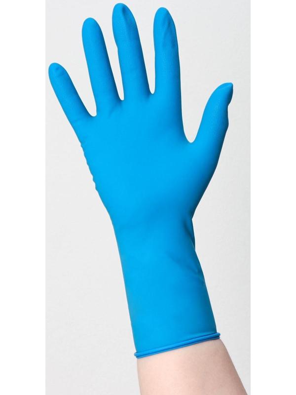 Перчатки латексные неопудренные Dermagrip High Risk, смотровые, нестерильные, текстурированные, размер L, 31 гр, 50 шт/уп (25 пар) / Голубой