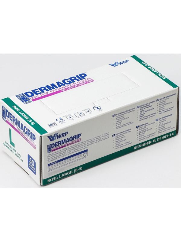 Перчатки латексные неопудренные Dermagrip High Risk, смотровые, нестерильные, текстурированные, размер L, 31 гр, 50 шт/уп (25 пар) / Голубой