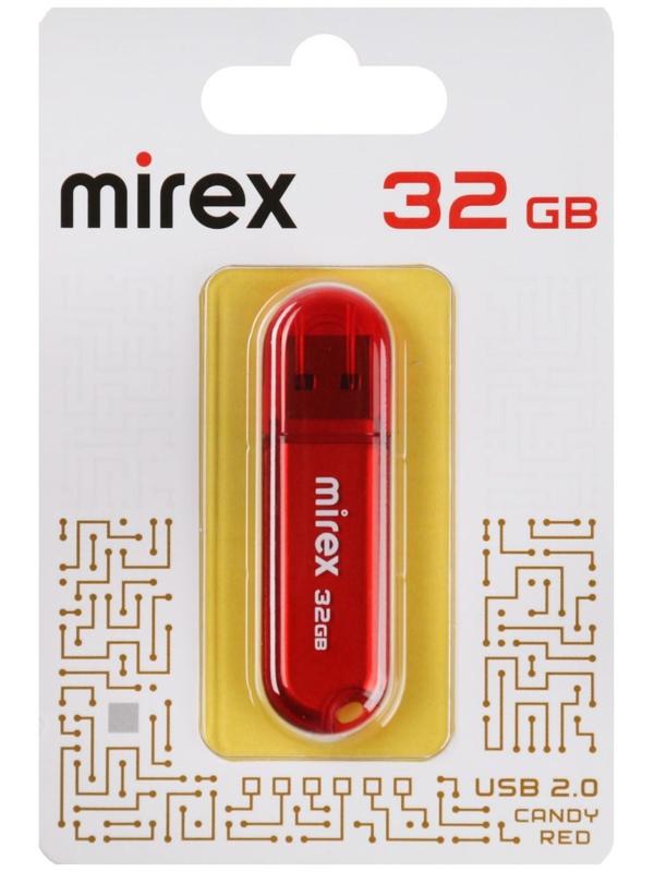 Флешка Mirex CANDY RED, 32 Гб ,USB2.0, чт до 25 Мб/с, зап до 15 Мб/с, красная