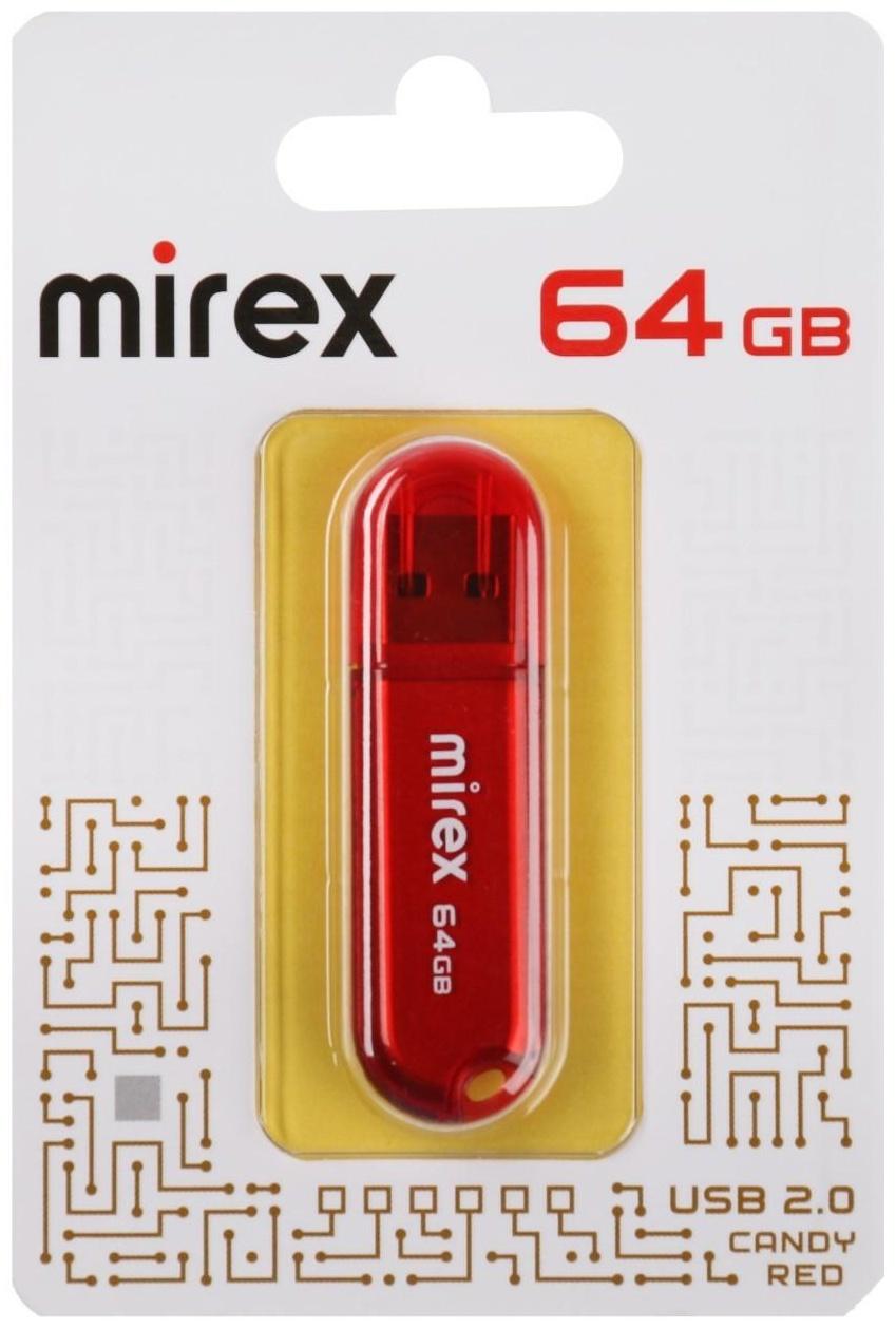Флешка Mirex CANDY RED, 64 Гб ,USB2.0, чт до 25 Мб/с, зап до 15 Мб/с, красная