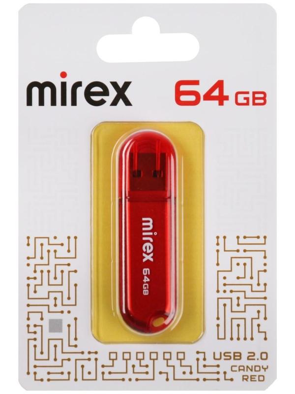 Флешка Mirex CANDY RED, 64 Гб ,USB2.0, чт до 25 Мб/с, зап до 15 Мб/с, красная