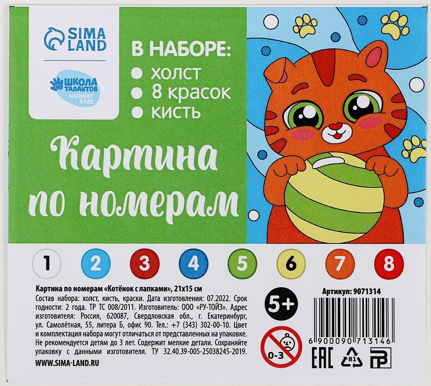 Картина по номерам «Котёнок с лапками» 21х15 см