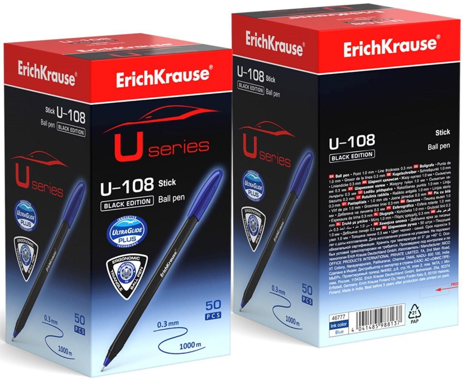 Ручка шариковая ErichKrause U-108 Black Edition Stick, узел 1.0 мм, чернила синие пониженной вязкости, длина линии письма 1000 метров, корпус черный