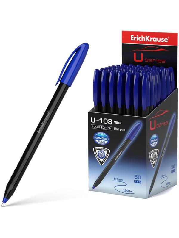 Ручка шариковая ErichKrause U-108 Black Edition Stick, узел 1.0 мм, чернила синие пониженной вязкости, длина линии письма 1000 метров, корпус черный