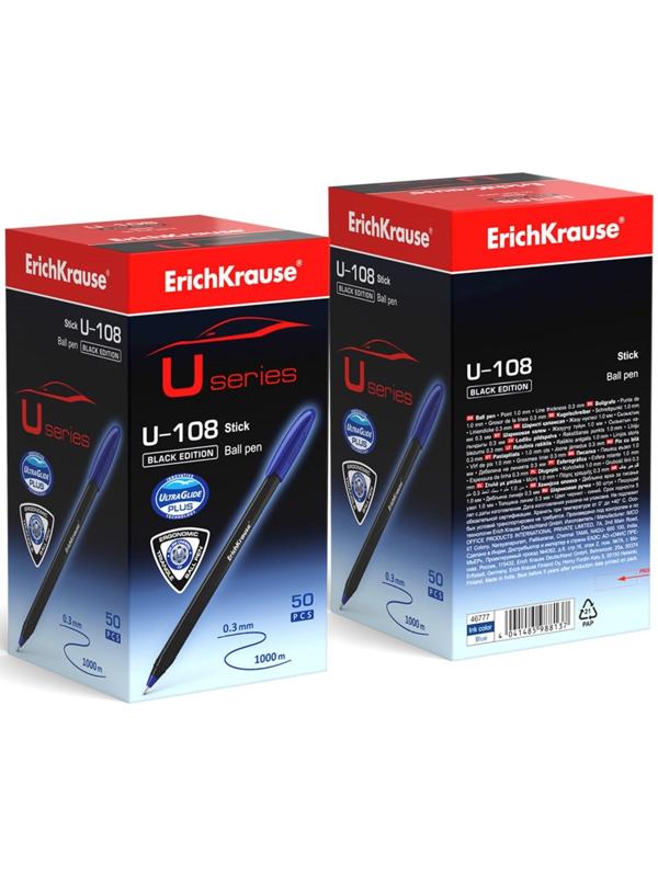 Ручка шариковая ErichKrause U-108 Black Edition Stick, узел 1.0 мм, чернила синие пониженной вязкости, длина линии письма 1000 метров, корпус черный