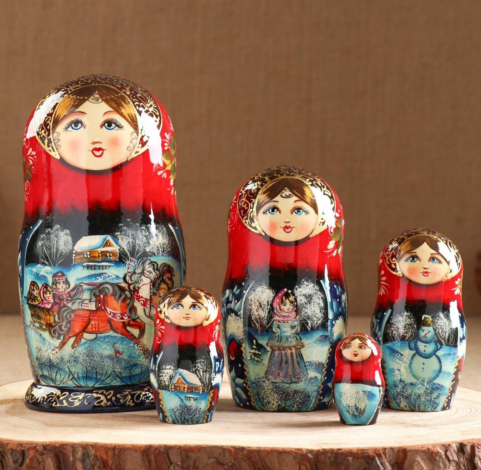 Матрёшка «Тройка», красный платок, 5 кукольная,  люкс