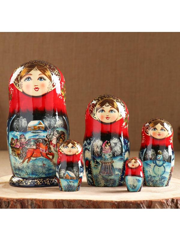 Матрёшка «Тройка», красный платок, 5 кукольная,  люкс