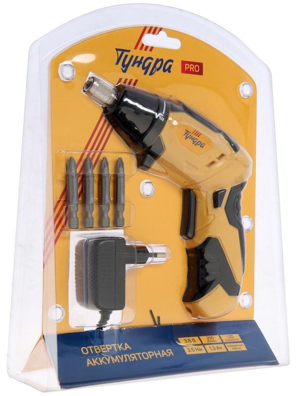 Отвертка аккумуляторная ТУНДРА PRO, 3.6 В, Li-ion, 1.3 Ач, 200 об/мин, 3.5 Нм, HEX 1/4