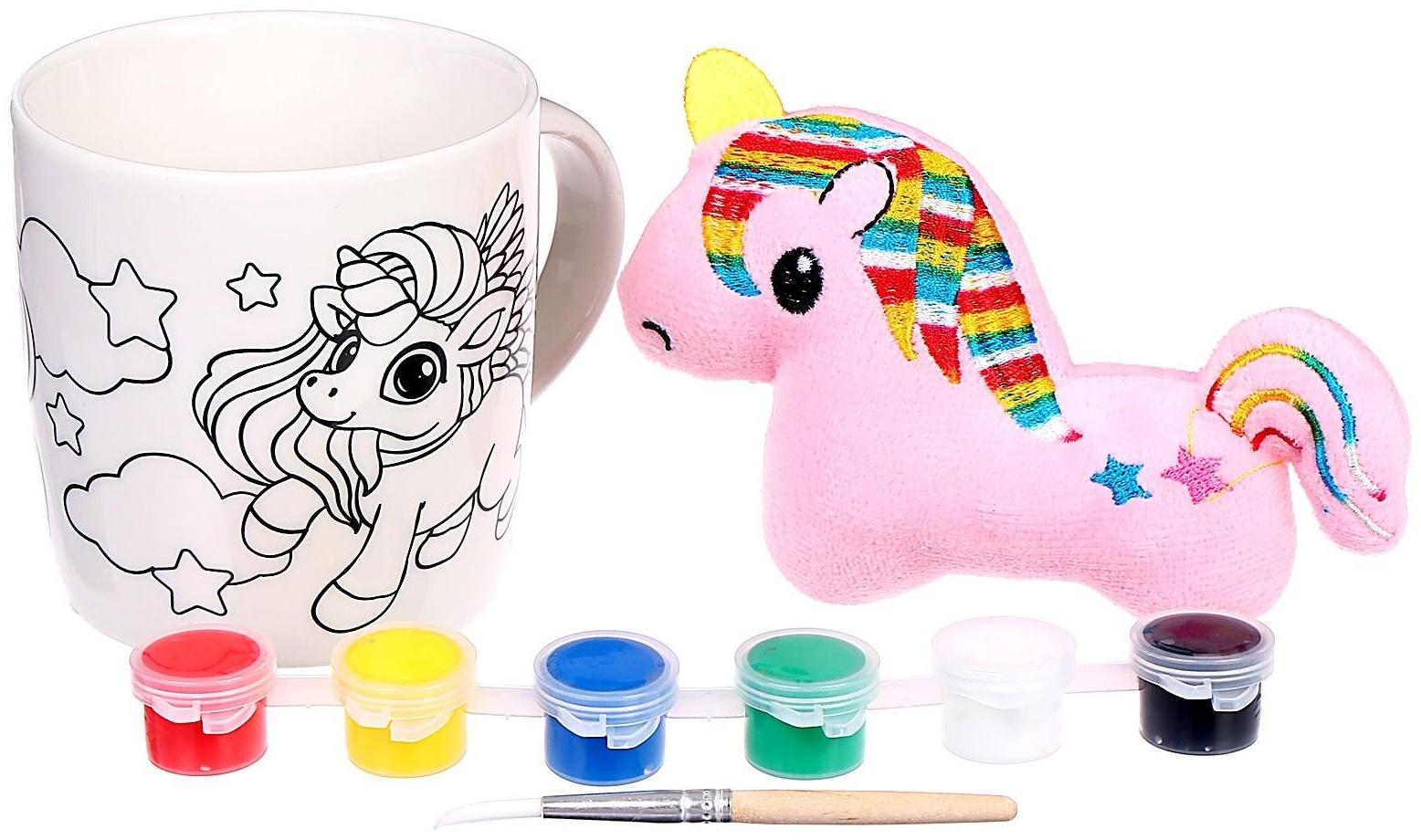Роспись кружки красками «Яркий единорожка» с мягкой игрушкой 300 мл