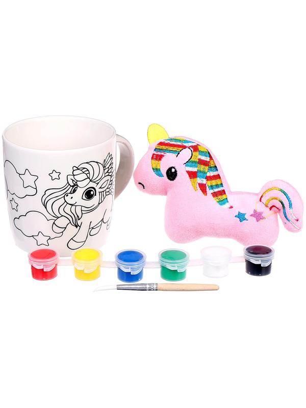 Роспись кружки красками «Яркий единорожка» с мягкой игрушкой 300 мл