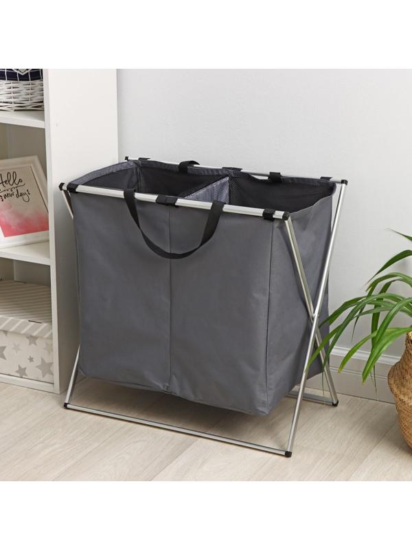 Корзина для белья складная двойная Доляна «Тёмное и Светлое», 61×36×57 см, цвет серый