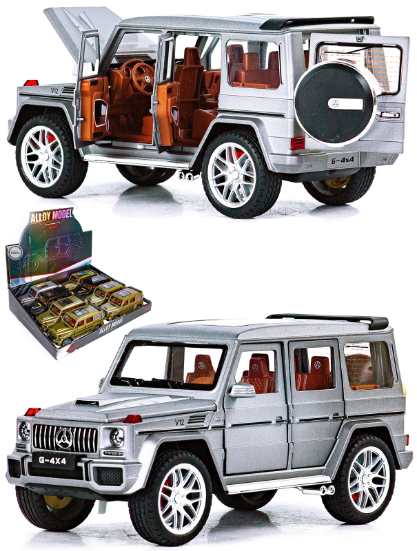 Металлическая машинка Alloy Model 1:24 «Mercedes-Benz G-class 4х4» А5503 21,5 см. инерционная, свет, звук / Серебристый