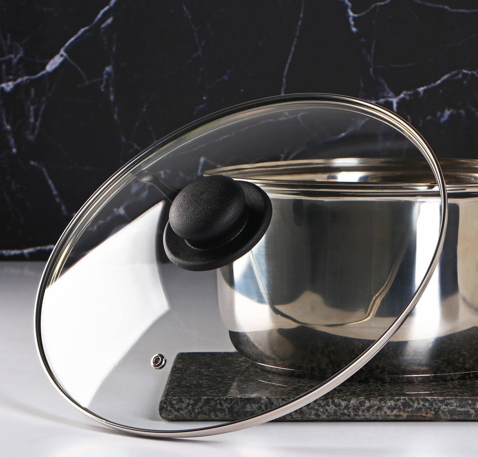 Крышка стеклянная для сковороды и кастрюли «Доляна», d=28 см, нержавеющий обод, пластиковая ручка