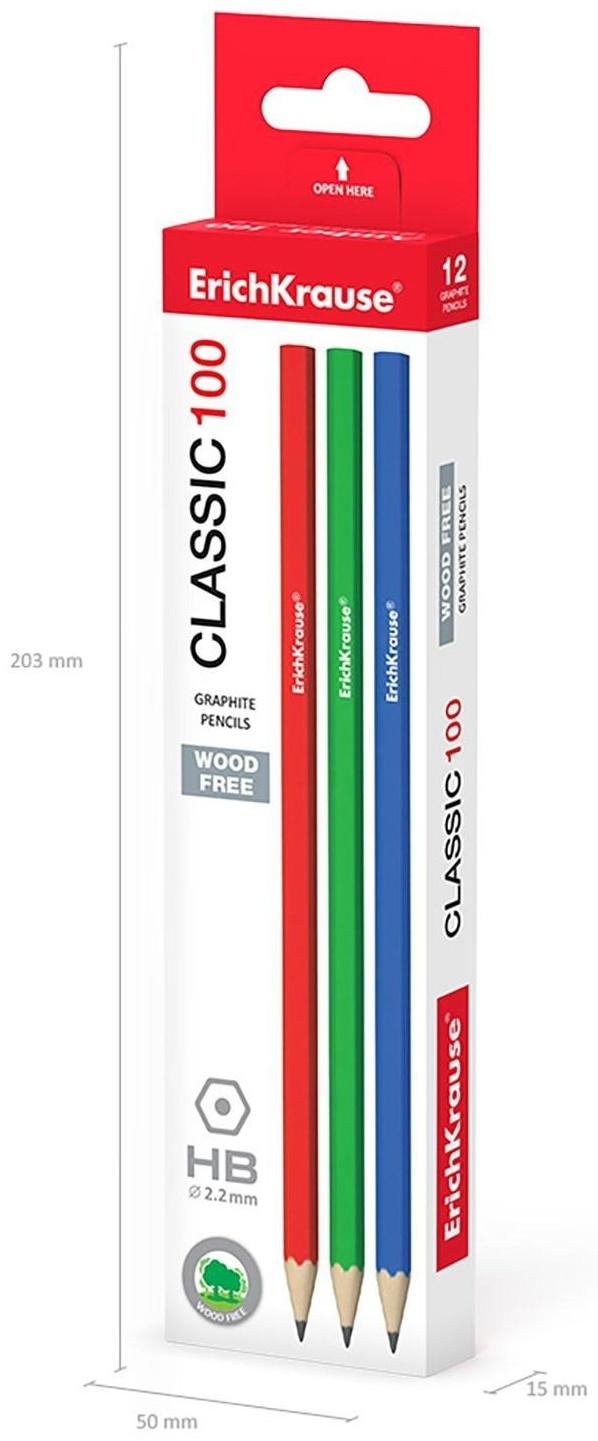 Карандаш чернографитный ErichKrause Classic 100, HB, грифель d= 2.2 мм, шестигранный, корпус биоразлагаемый пластик, МИКС