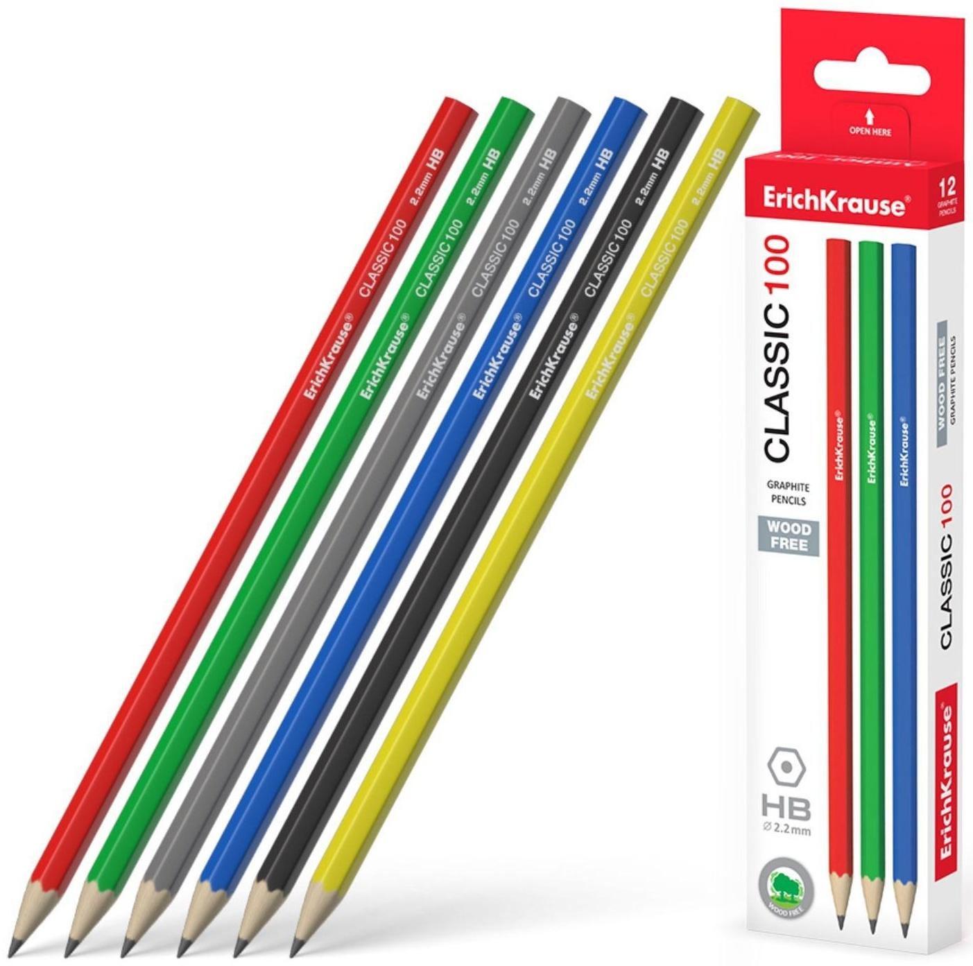 Карандаш чернографитный ErichKrause Classic 100, HB, грифель d= 2.2 мм, шестигранный, корпус биоразлагаемый пластик, МИКС