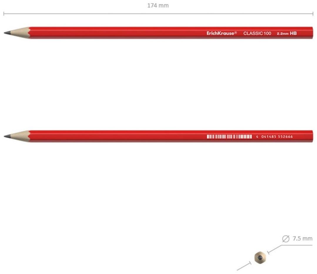 Карандаш чернографитный ErichKrause Classic 100, HB, грифель d= 2.2 мм, шестигранный, корпус биоразлагаемый пластик, МИКС